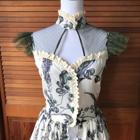 Lip Service Mecanique Menagerie Gothic Victorian Ivory & Green Chiffon Blouse M - Picture 3 of 11